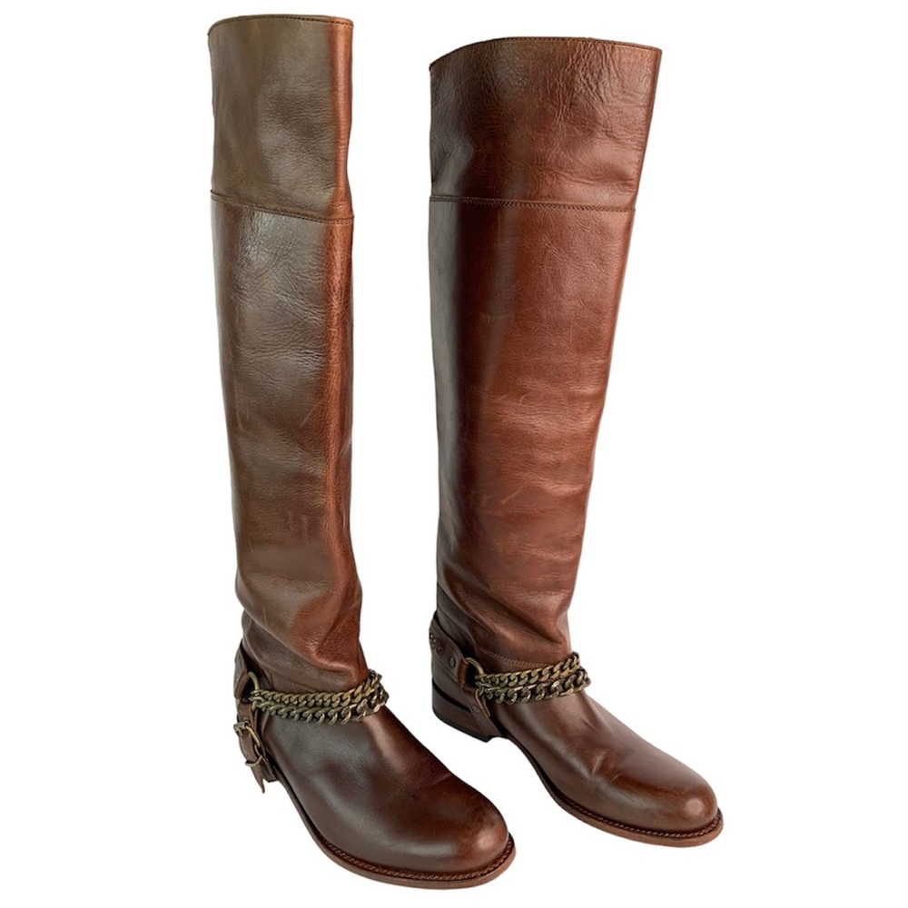 Sendra Brown Leather Tall Riding Boots Size 9.5 Harness Chain Over The Knee OTK